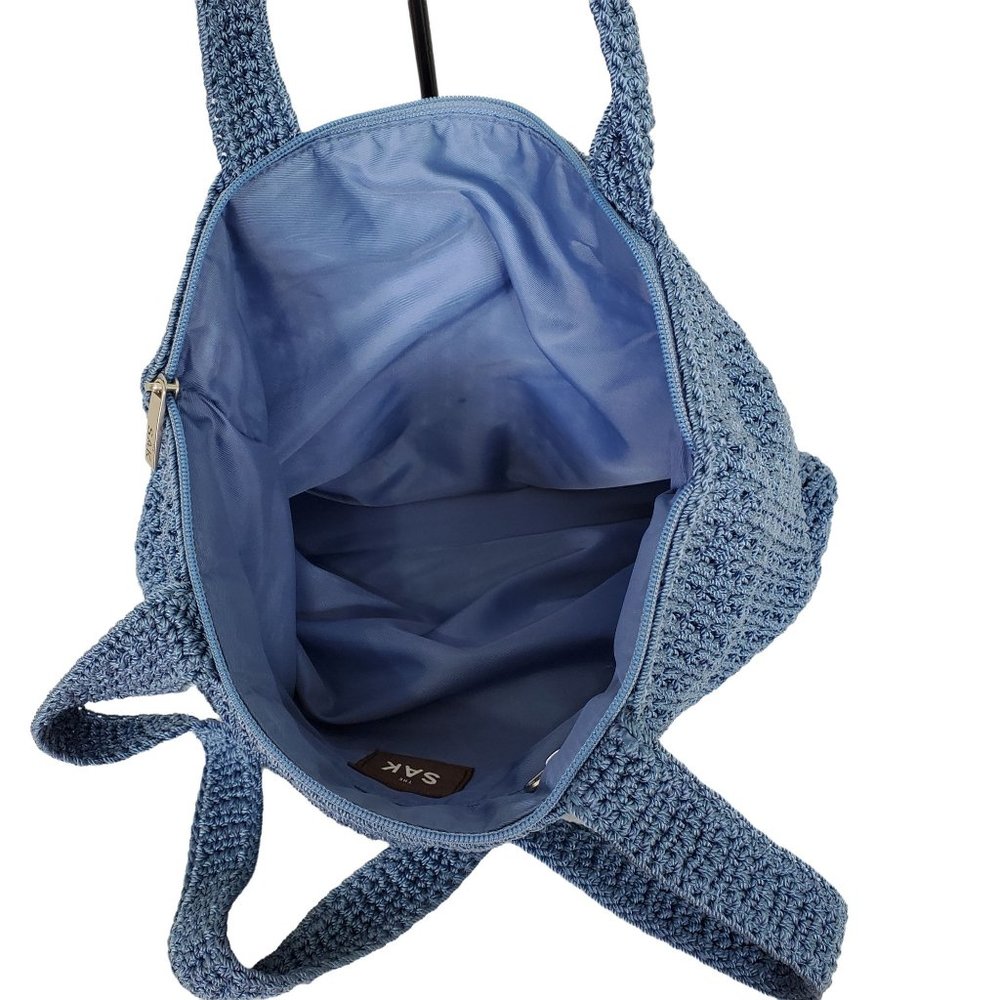 The SAK Purse Nylon Crochet Shoulder Bag Blue Single Strap Zip Top Blue Pocket - Picture 7 of 8